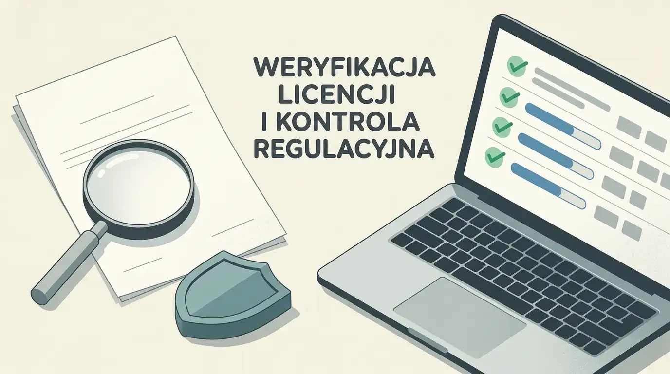 Neutralna ilustracja dokumentu i tarczy symbolizująca weryfikację licencji